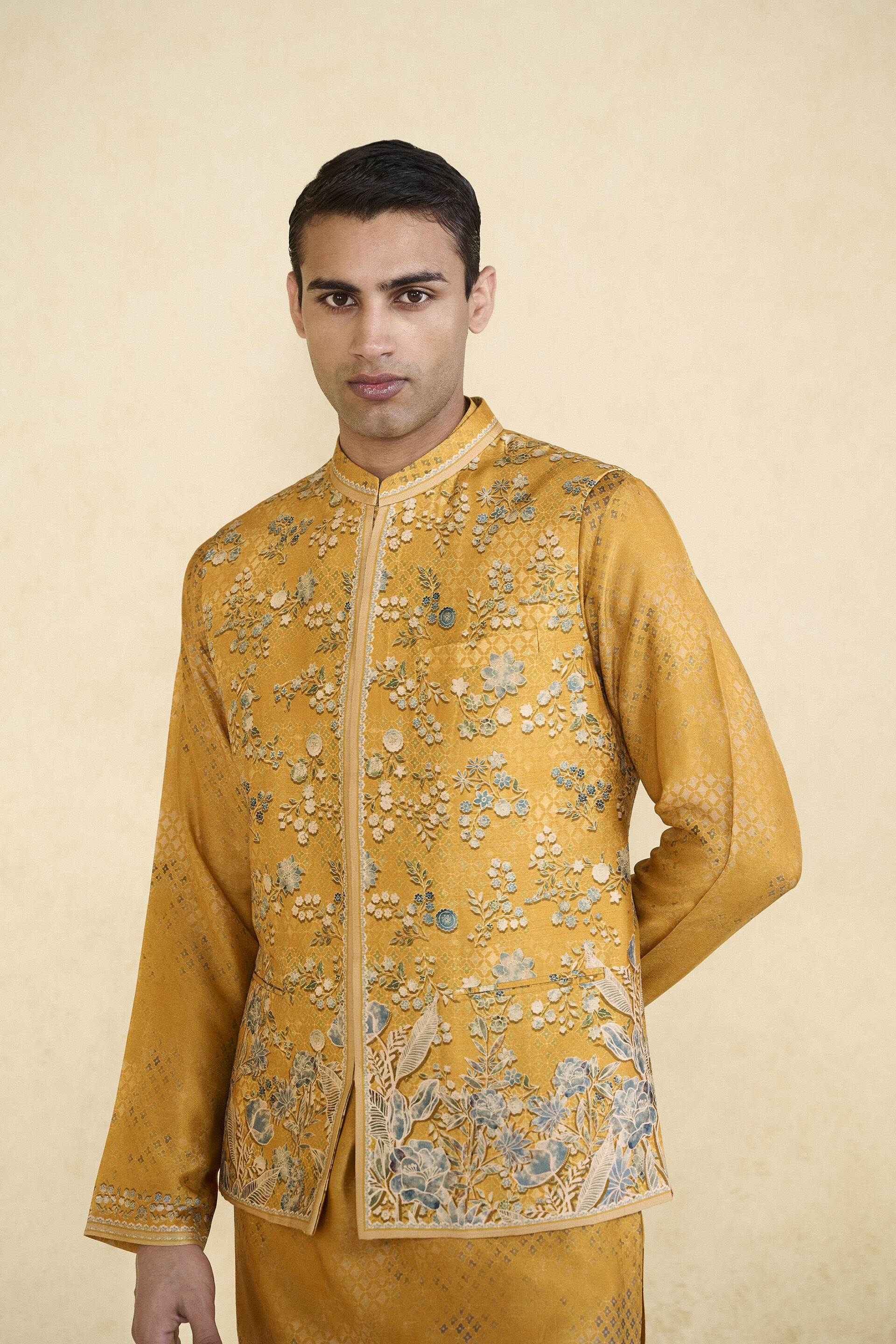 Zarghun Printed Nehru Jacket - Mustard, Mustard, image 4